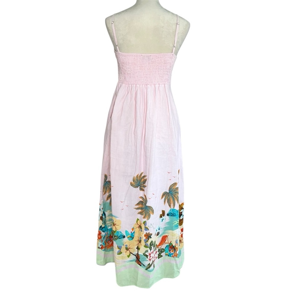 Le Ragazze Linen Blend Maxi Dress Sundress Pink Palm Tree Beach Print Size L - Picture 3 of 14
